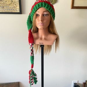 Crochet Ugly Christmas Elf Hat Long Colorful Silver Glitter Unique Gift Handmade